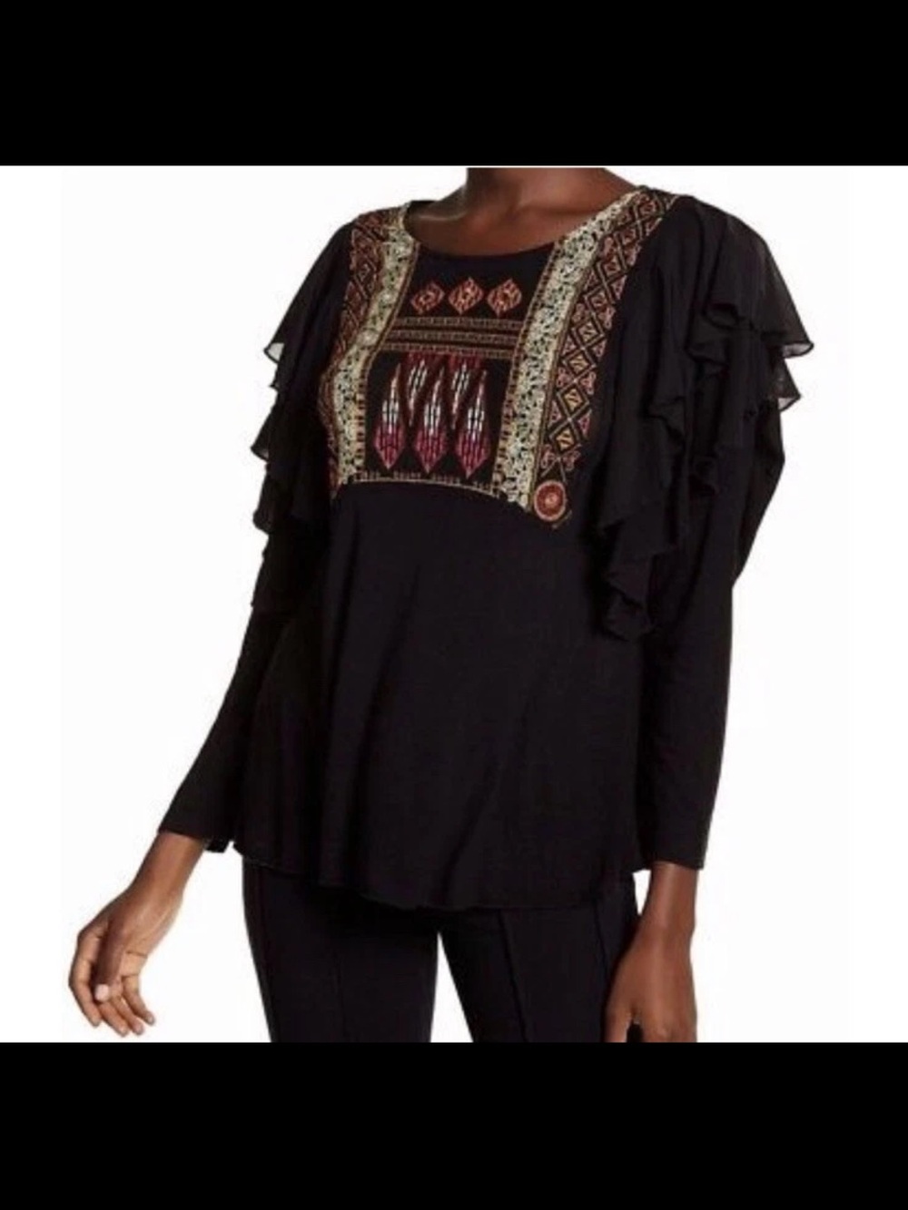 Free People La Cienga black embroidered ruffle top blouse size medium